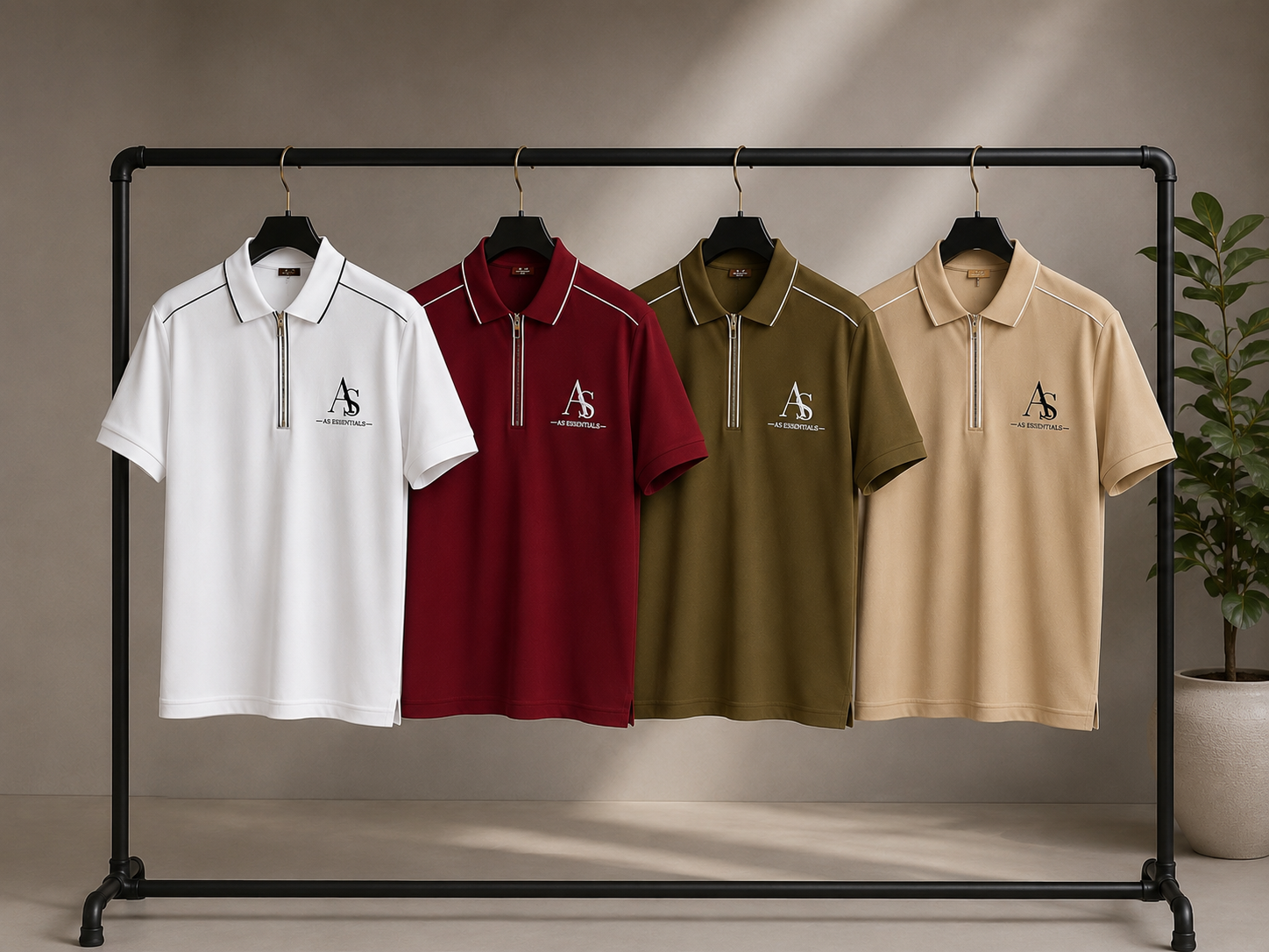 Les quatre polos AS ESSENTIALS blanc, bordeaux, vert olive et beige, présentés sur un portant, sans mannequin.